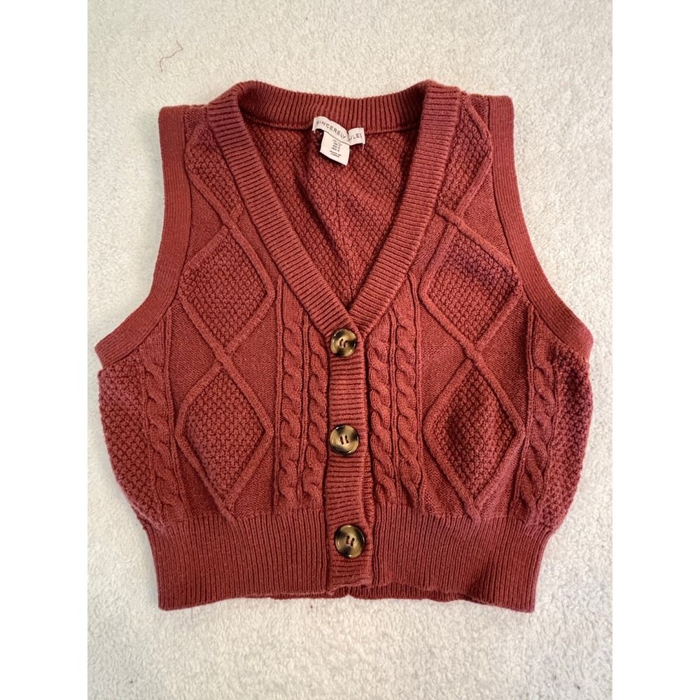 Sincerely Jules Rust Red Cable‎ Knit Button Front Sweater Vest Cropped Small